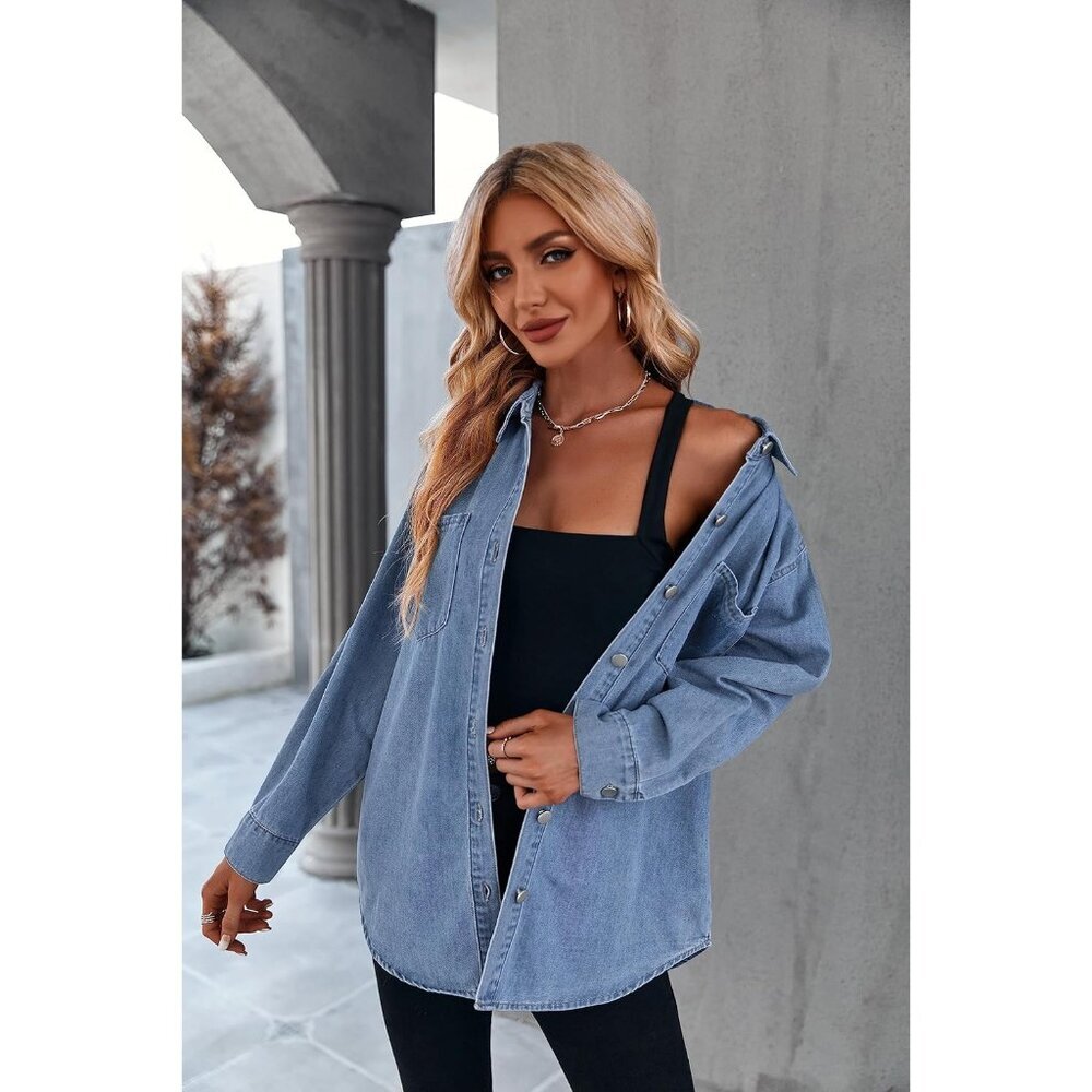 Women's Oversized Denim Shirt Long Sleeve Casual Button Down Pockets Light Blue - Picture 4 of 6